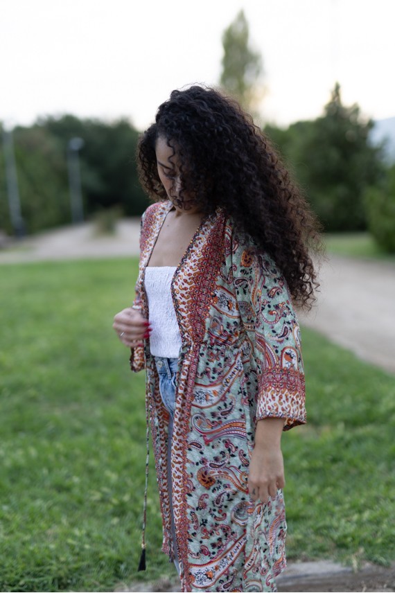 Kimono Boho Midi de Seda Sari con Hilo Dorado