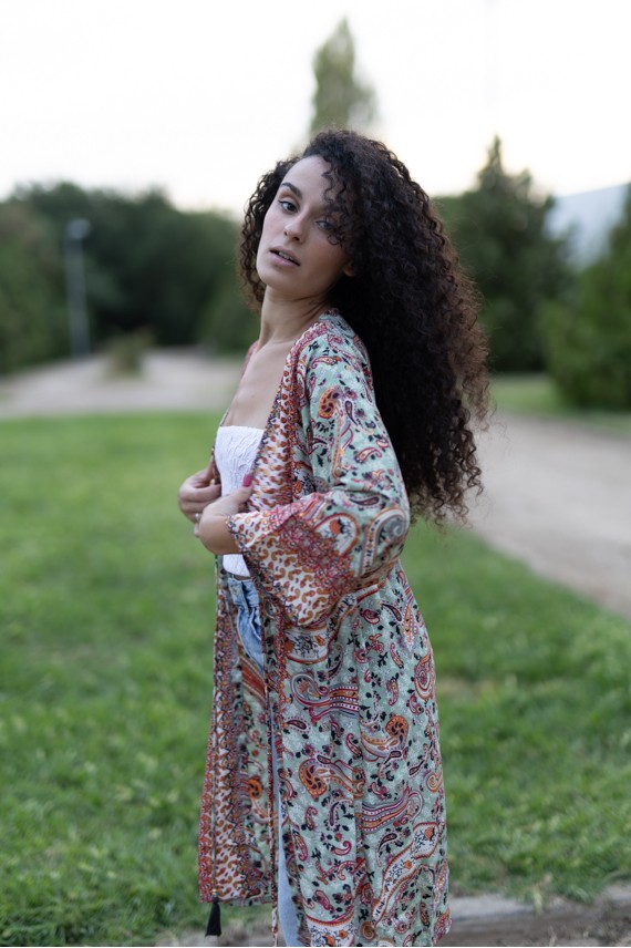 Kimono Boho Midi de Seda Sari con Hilo Dorado