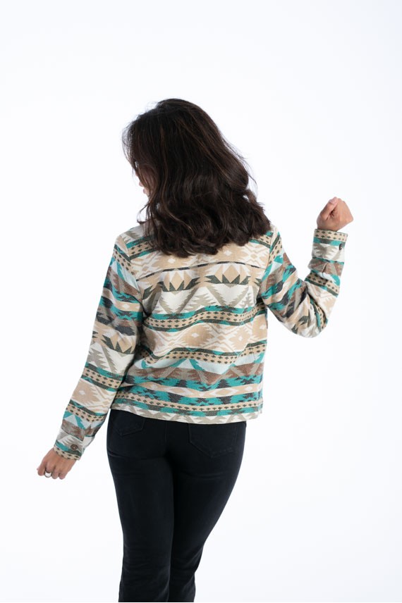 Chaqueta unisex de algodón con estampado navajo y botones de coco, prenda artesanal estilo boho Samarkanda.