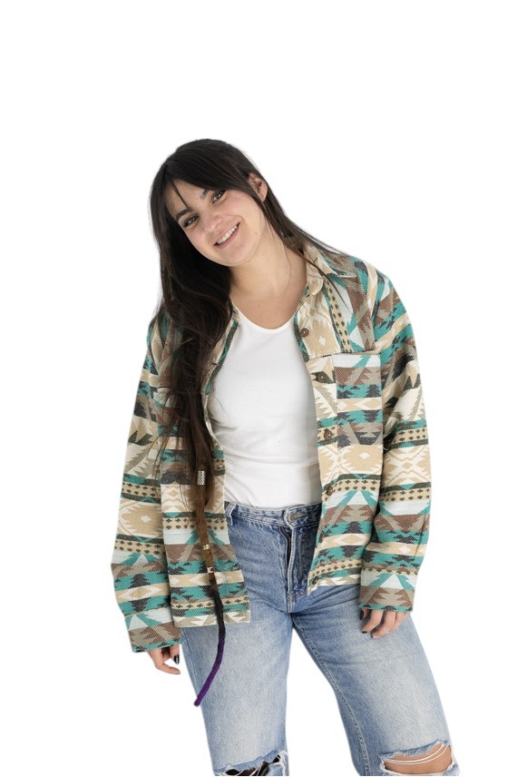 Chaqueta unisex de algodón con estampado navajo y botones de coco, prenda artesanal estilo boho Samarkanda.