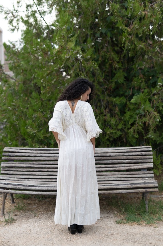 Kimono Kaftán Largo de Algodón con Bordado de Cáñamo Beige