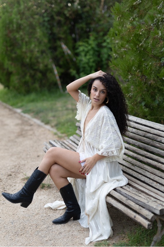 Kimono Kaftán Largo de Algodón con Bordado de Cáñamo Beige