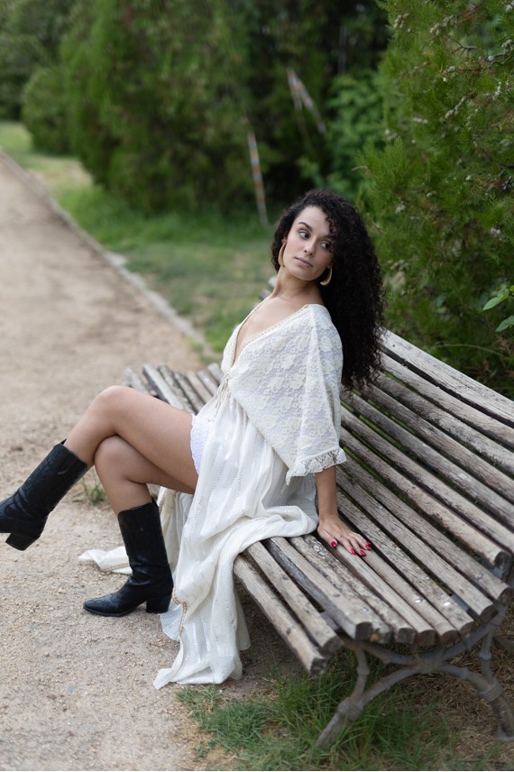Kimono Kaftán Largo de Algodón con Bordado de Cáñamo Beige