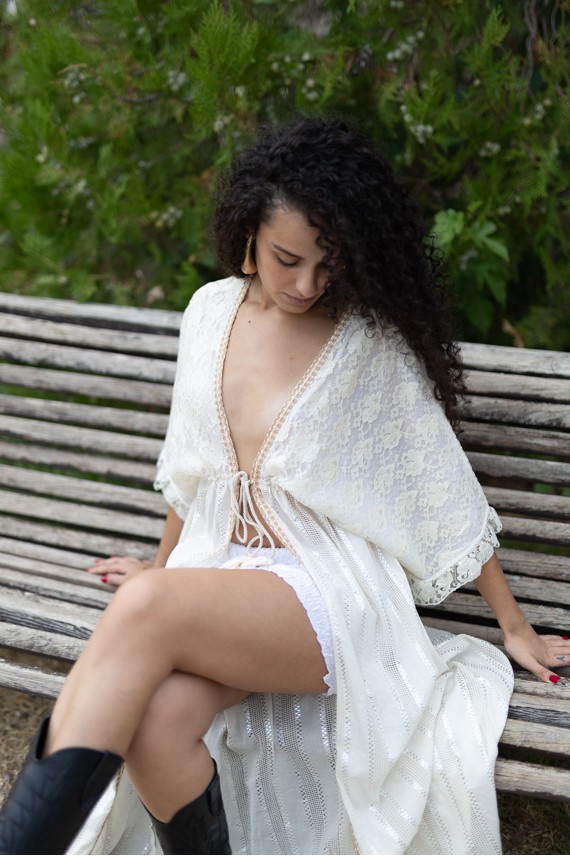 Kimono Kaftán Largo de Algodón con Bordado de Cáñamo Beige