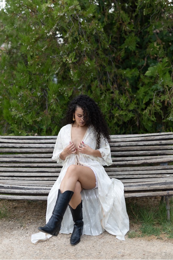 Kimono Kaftán Largo de Algodón con Bordado de Cáñamo Beige