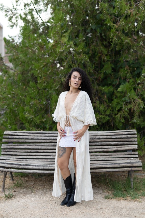 Kimono Kaftán Largo de Algodón con Bordado de Cáñamo Beige