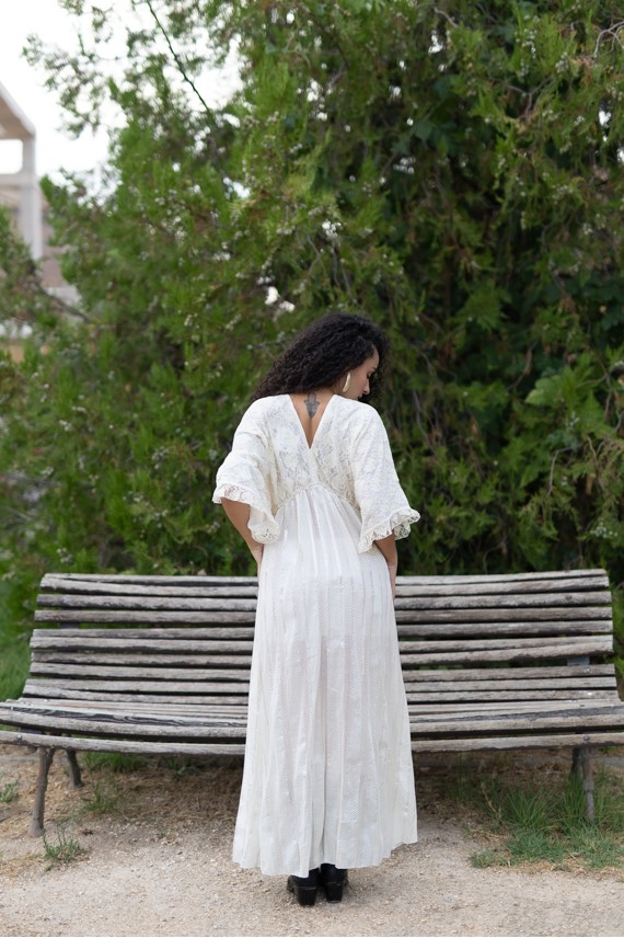 Kimono Kaftán Largo de Algodón con Bordado de Cáñamo Beige