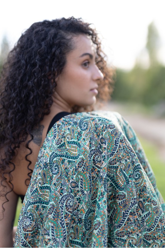 Chaqueta Bomber Seda Paisley Verde Turquesa Forro Polar