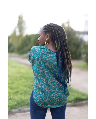 Top Fluido Seda Verde Estampado Floral Cuello Barco