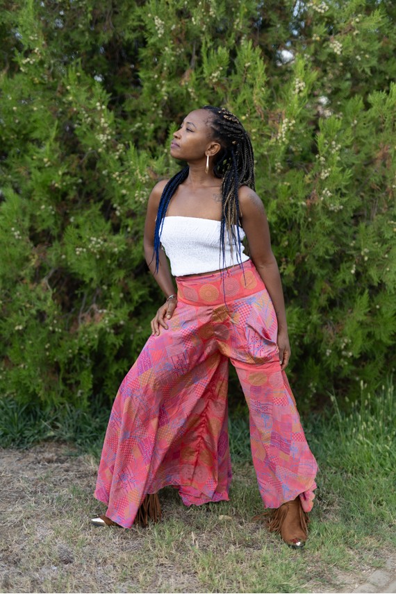 Pantalón Paraguas Rosa Coral Estampado Geométrico Boho
