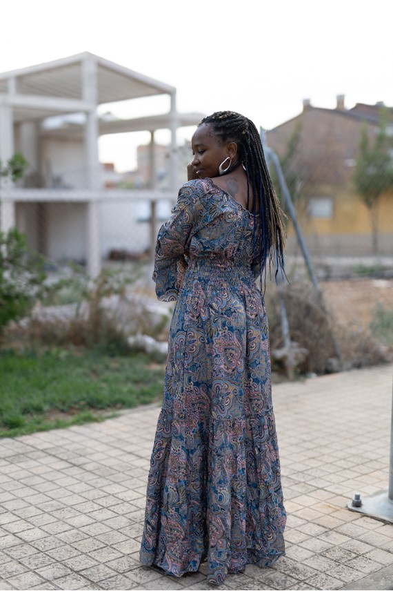 Vestido Largo Sari Azul Estampado Paisley Boho