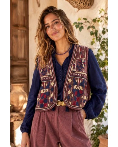 Chaleco 100% algodón granate con bordados multicolor y detalles de espejos estilo boho Samarkanda