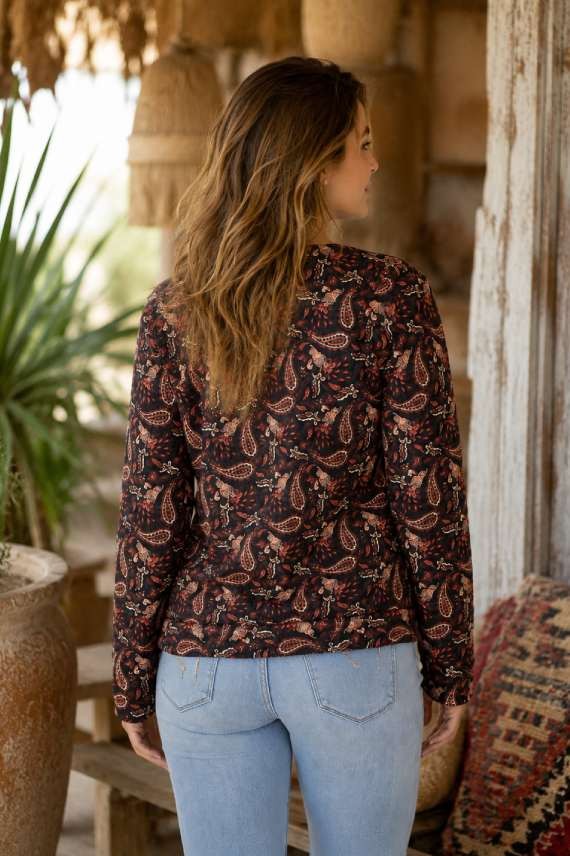 Chaqueta negra de mujer con estampado Paisley y forro polar estilo boho Samarkanda