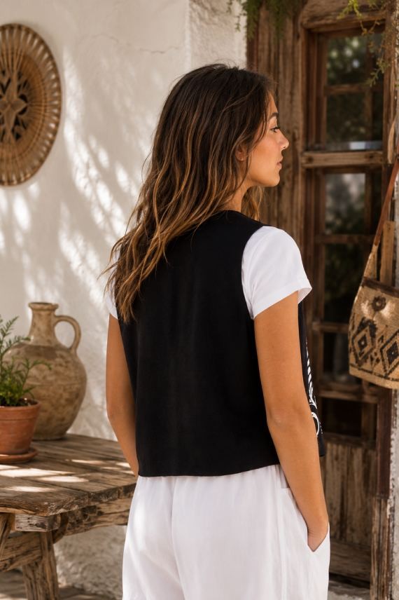 Chaleco floral negro de viscosa y lino con motivos blancos y forro de algodón Samarkanda