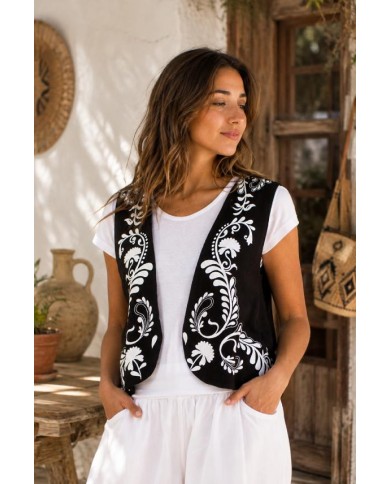 Chaleco floral negro de viscosa y lino con motivos blancos y forro de algodón Samarkanda