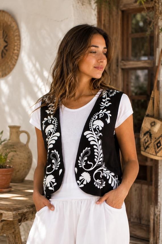 Chaleco floral negro de viscosa y lino con motivos blancos y forro de algodón Samarkanda