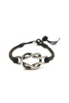 Pulsera Liana de cuero marrón trenzado con aros metálicos entrelazados, estilo boho Samarkanda.