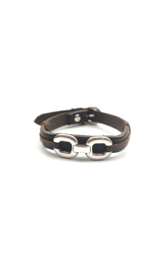 Pulsera Eslabón de cuero marrón con dos eslabones metálicos plateados, diseño boho artesanal.