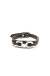 Pulsera Eslabón de cuero marrón con dos eslabones metálicos plateados, diseño boho artesanal.