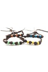 Pulseras Arcoíris de cuero marrón con cuentas de colores azul, verde, amarillo y naranja, estilo boho hippie.