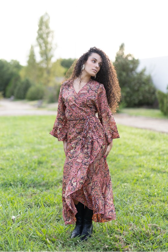 Vestido Pareo Largo Seda Paisley Hilo Dorados