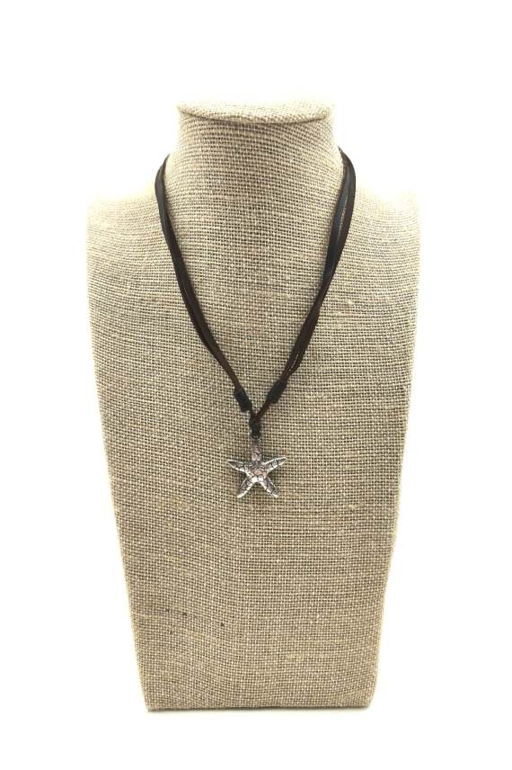 Collar de cuero hecho a mano con estrella de mar de zamak y nudo corredizo ajustable, joyería boho Samarkanda.