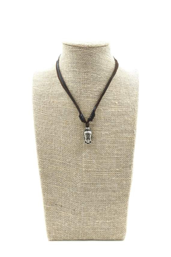 Collar de doble tira de cuero marrón con cabeza de Buda y nudo corredizo regulable, estilo boho Samarkanda.