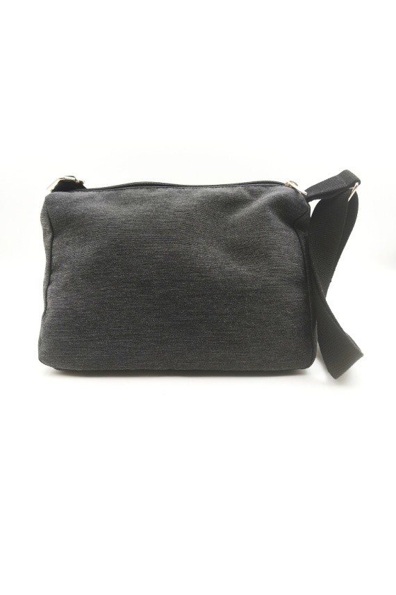 Parte trasera de bolso bandolera de algodón gris y negro con correa regulable.