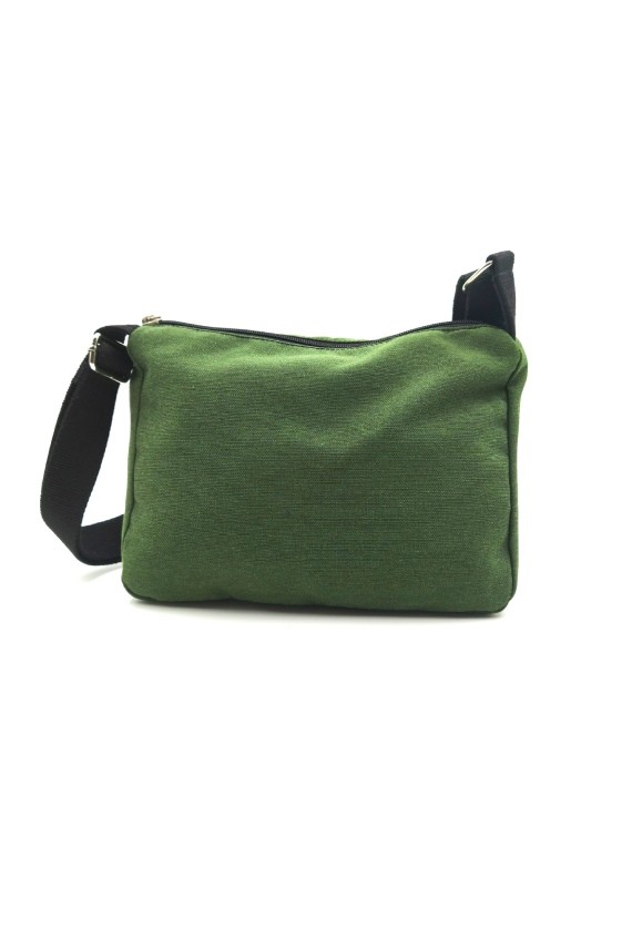 Parte trasera de bolso bandolera de algodón verde con correa negra ajustable