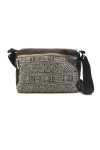 Bolso bandolera de algodón con estampado geométrico étnico y bolsillos frontales con cremallera.
