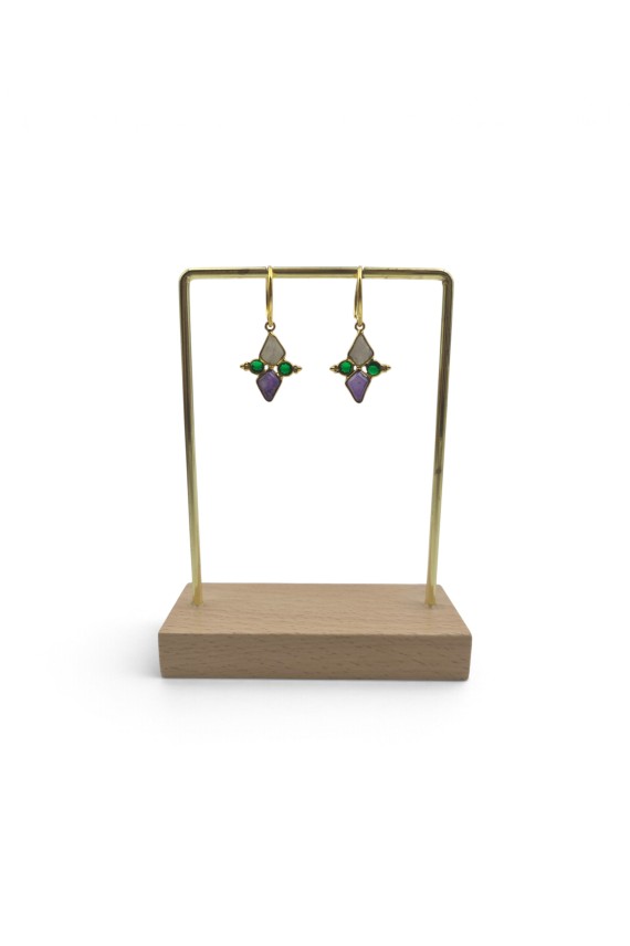 Pendientes dorados con piedras naturales en tonos violeta, verde y claro, diseño boho artesanal Samarkanda