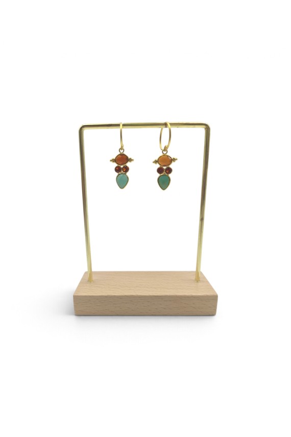 Pendientes colgantes dorados con piedras naturales de colores y piedra turquesa en forma de gota, estilo boho Samarkanda.