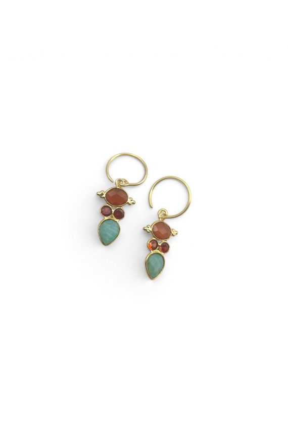 Pendientes colgantes dorados con piedras naturales de colores y piedra turquesa en forma de gota, estilo boho Samarkanda.