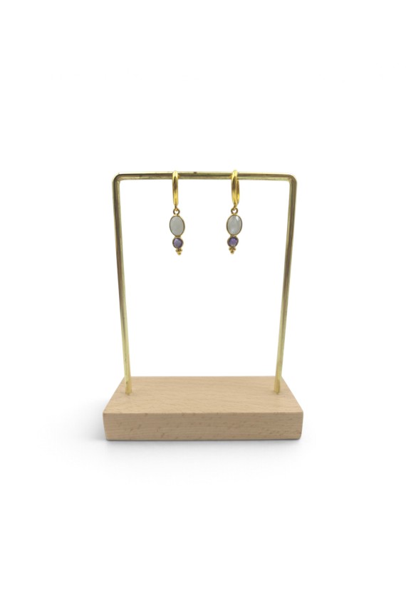 Pendientes de aro dorados con piedras naturales facetadas en tonos claros y violeta, joya boho chic Samarkanda.