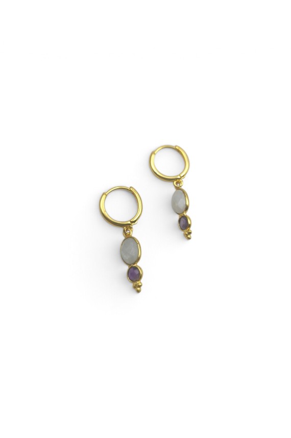 Pendientes de aro dorados con piedras naturales facetadas en tonos claros y violeta, joya boho chic Samarkanda.