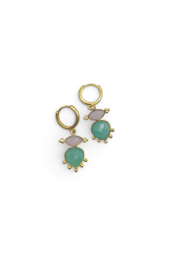 Pendientes de aro dorados con piedras naturales facetadas en tonos turquesa y rosa, diseño boho chic Samarkanda