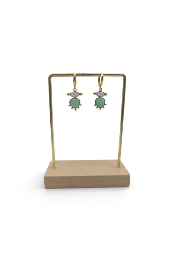 Pendientes de aro dorados con piedras naturales facetadas en tonos turquesa y rosa, diseño boho chic Samarkanda