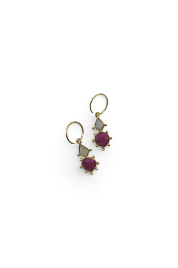 endientes dorados con doble piedra natural en tonos rosa y claro, diseño colgante boho Samarkanda