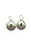Pendientes colgantes dorados con piedra natural de cuarzo verde y diseño geométrico Flor de la Vida.