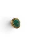 Anillo dorado con turquesa natural ovalada verde azulada, marco trenzado y detalles étnicos de Samarkanda.