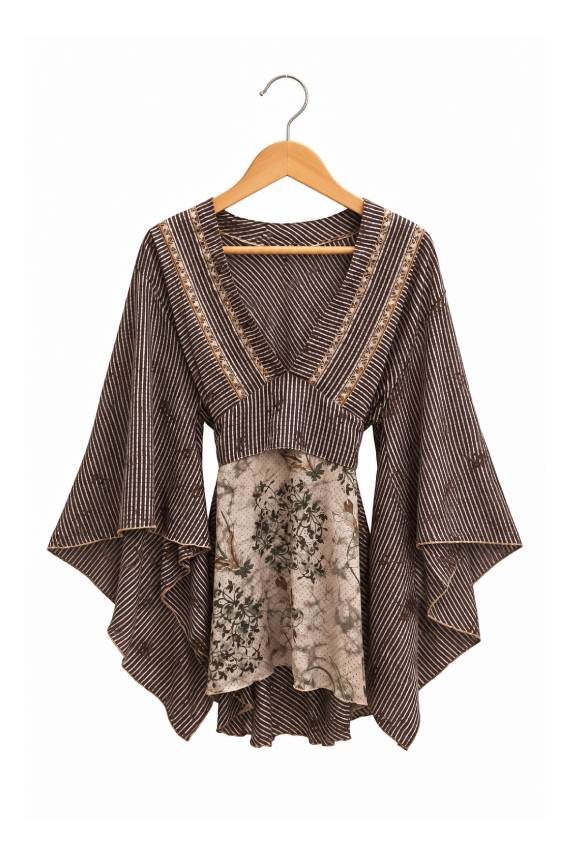Blusa boho de seda marrón chocolate con rayas finas, estampado floral beige, escote en V y mangas kimono asimétricas