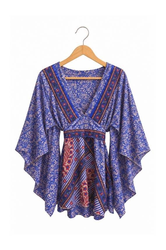 Blusa boho de seda azul klein con estampado floral rosa, escote en V cruzado, cenefas decorativas y mangas kimono asimétricas