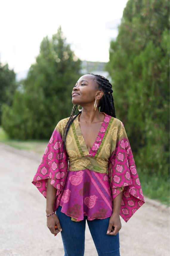 Blusa Boho de Seda Fucsia Estampada