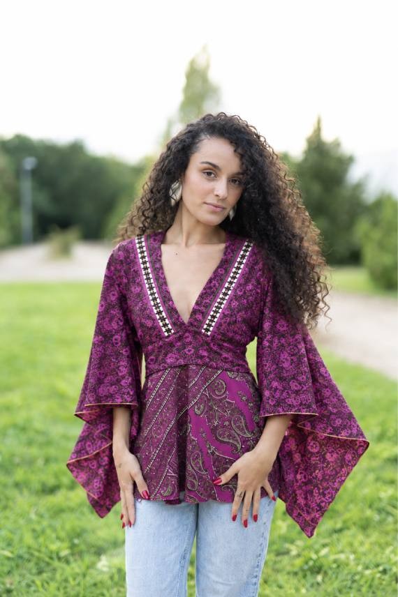 Blusa Boho de Seda Morada Estampada
