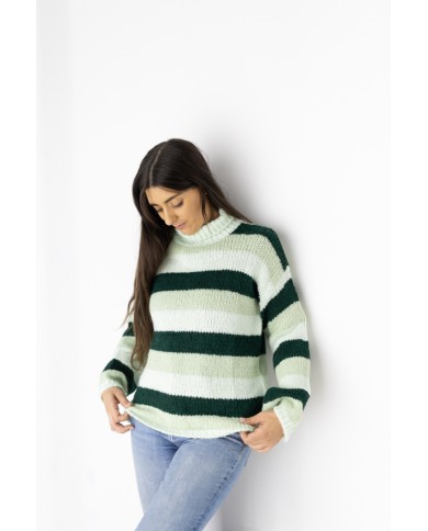 Jersey de punto a rayas verdes y blancas con cuello cisne, talla única, vista frontal, Samarkanda.