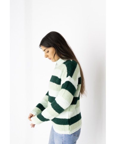 Jersey de mujer talla única con cuello cisne y rayas verde bosque, menta y blanco.