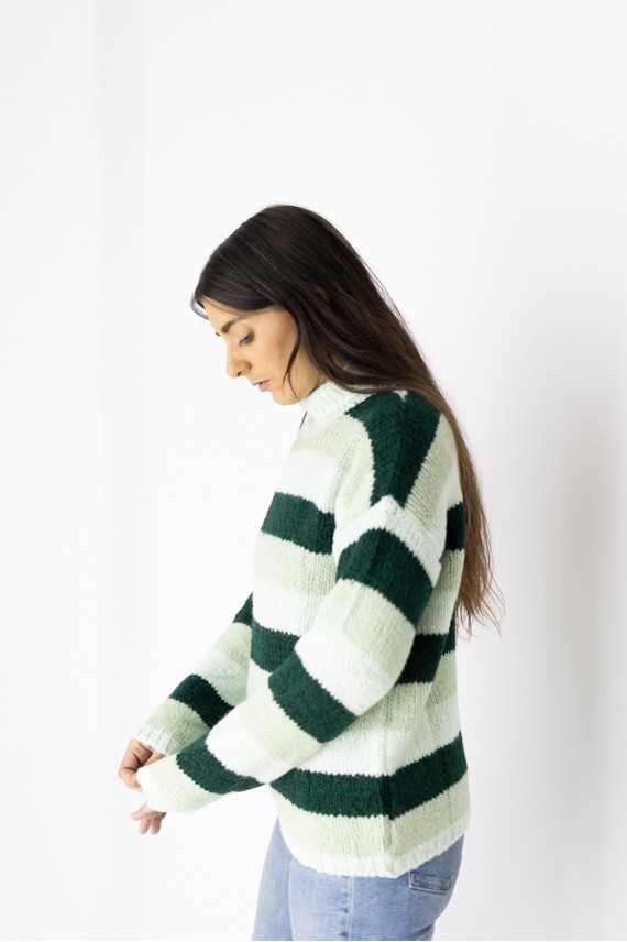 Jersey de mujer talla única con cuello cisne y rayas verde bosque, menta y blanco.